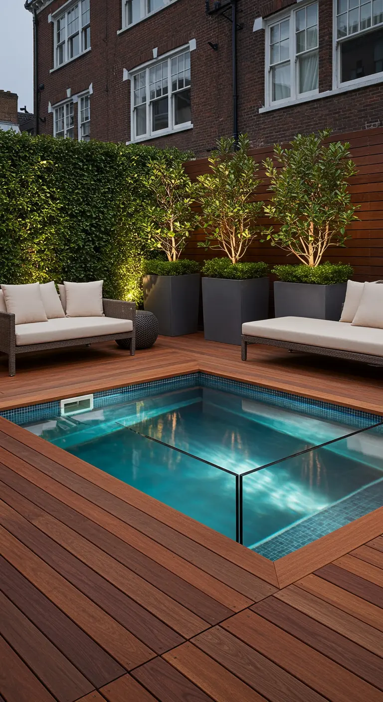 Modern houten terras met verzonken zwembad met glazen wanden en loungebanken.