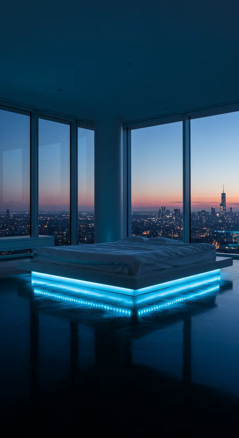 Futuristisch platformbed met blauwe LED-verlichting eronder, in een kamer met uitzicht op de stad.