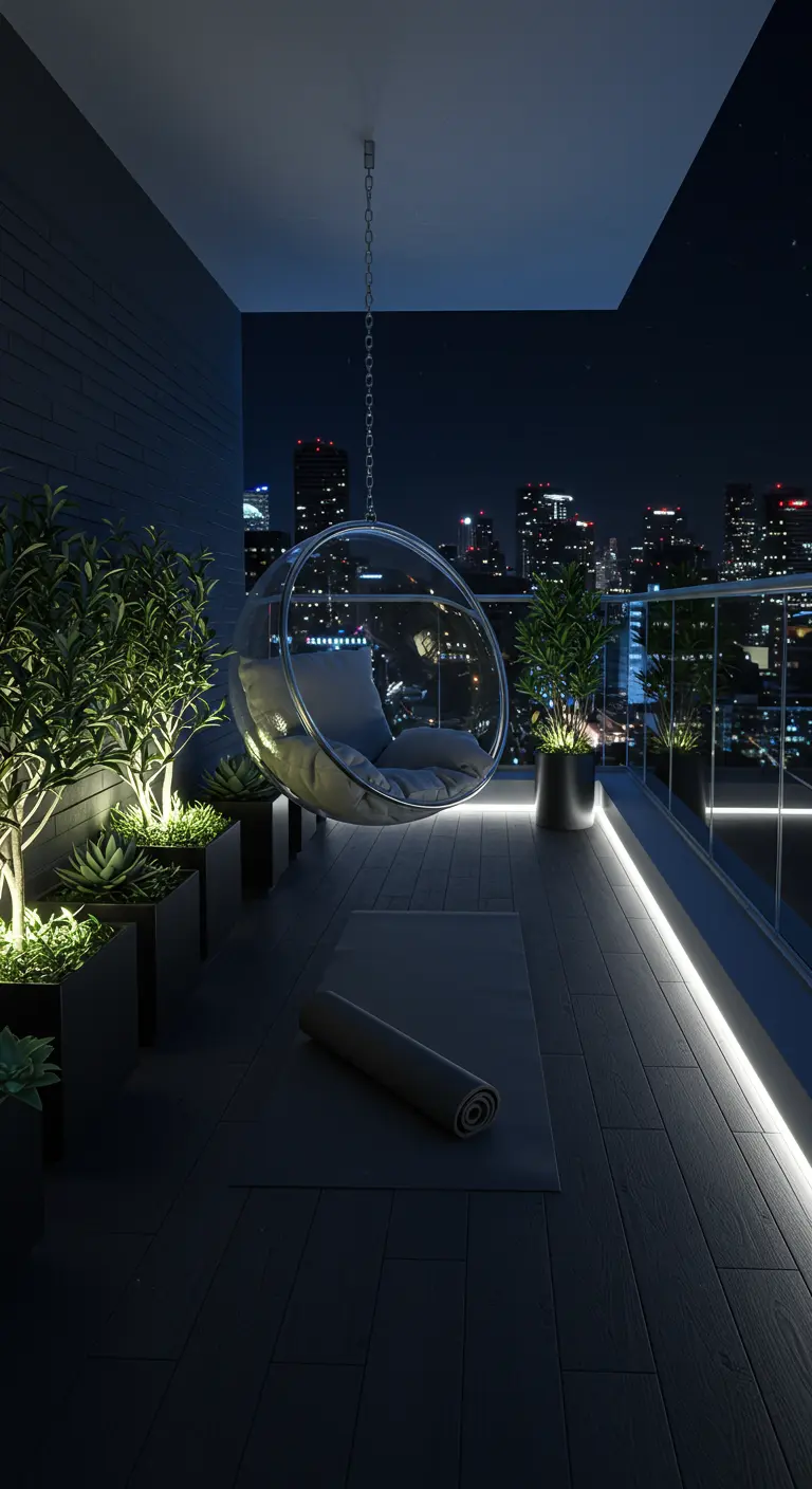 Transparante bubble chair op modern balkon 's nachts met stadslichten.