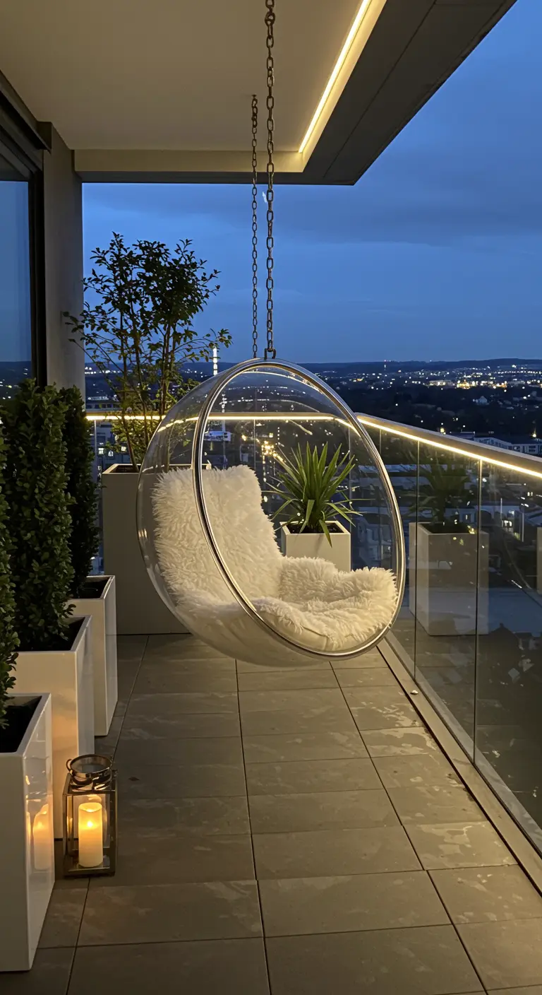 Transparante bubble hangstoel op modern balkon met stadszicht en witte accenten.