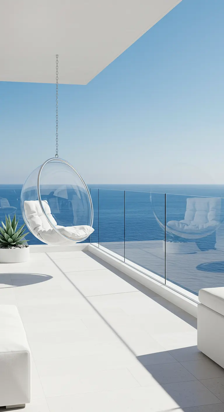 Transparante hangende bubbelstoel op een wit, modern balkon met uitzicht op zee.