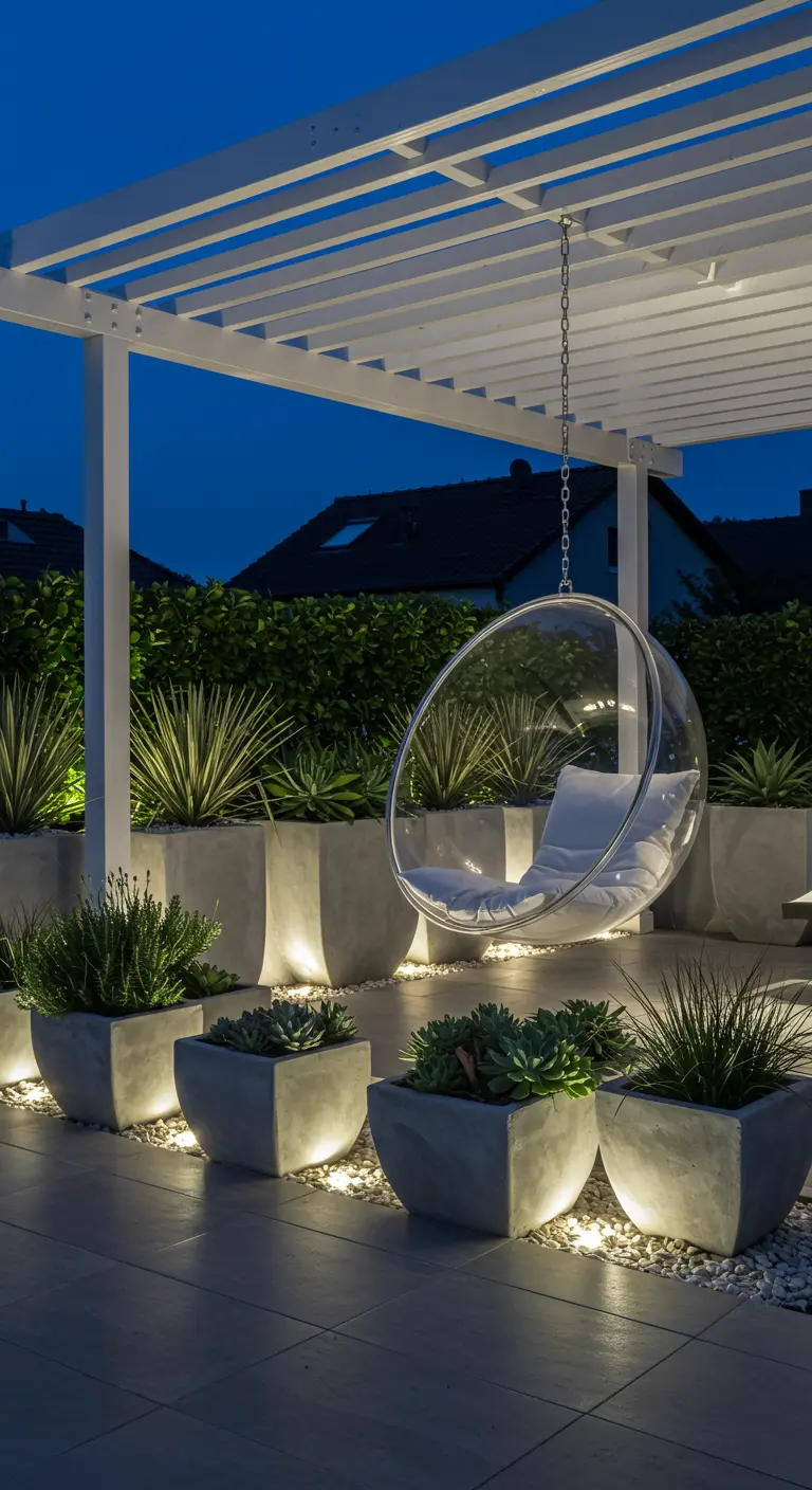 Transparante hangstoel onder pergola met moderne betonnen plantenbakken en sfeerverlichting.