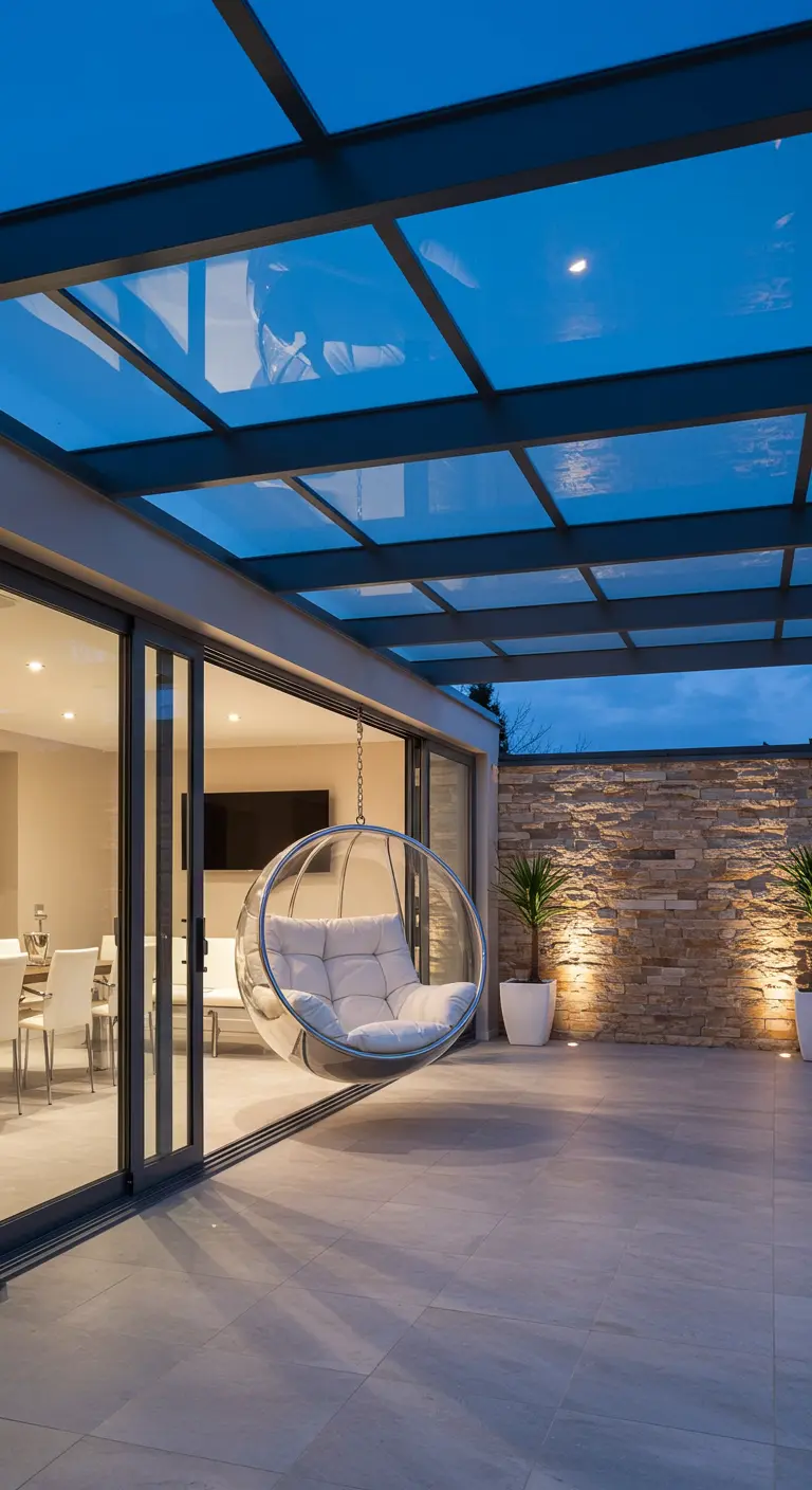 Transparante bol hangstoel onder glazen dak op modern terras met stenen muur en spots.