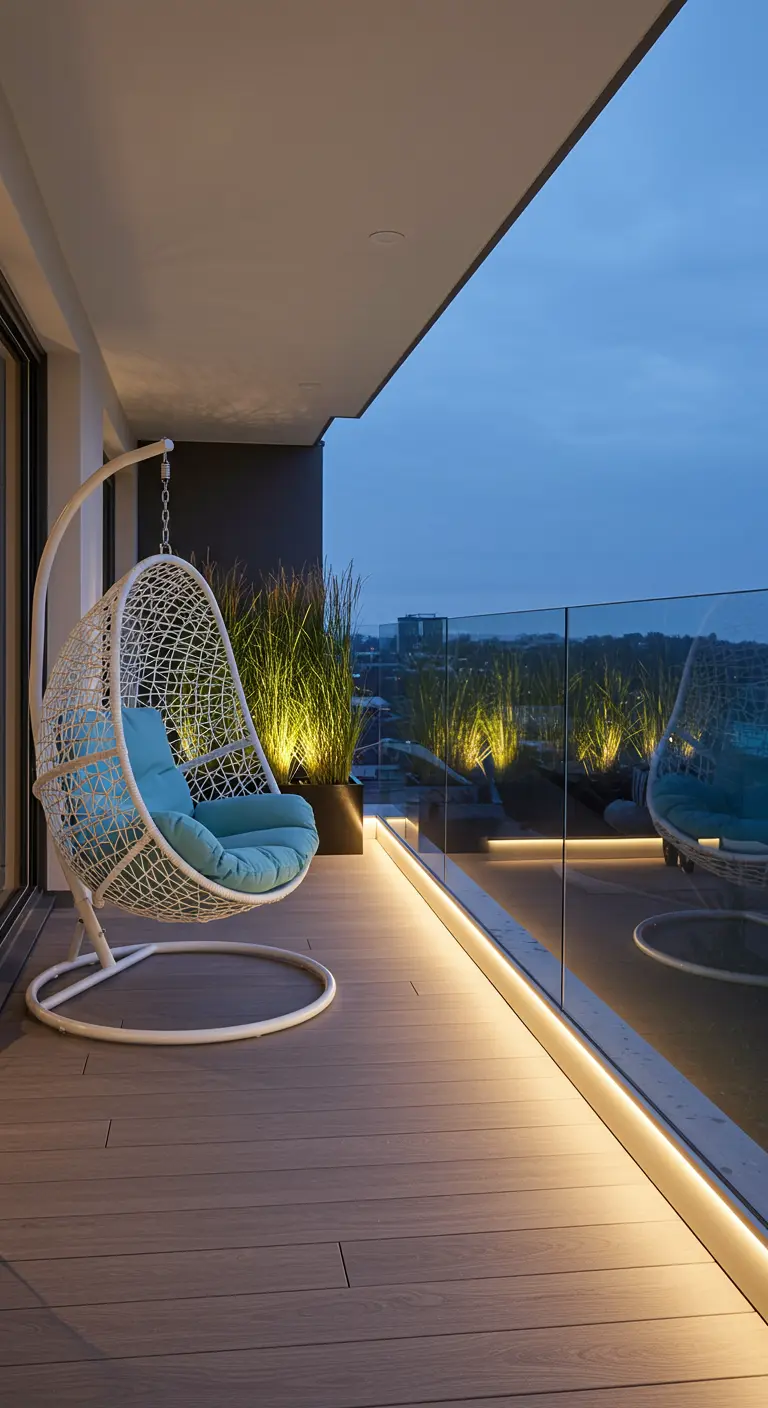 Witte hangstoel op standaard op een modern balkon met LED-verlichting 's avonds.