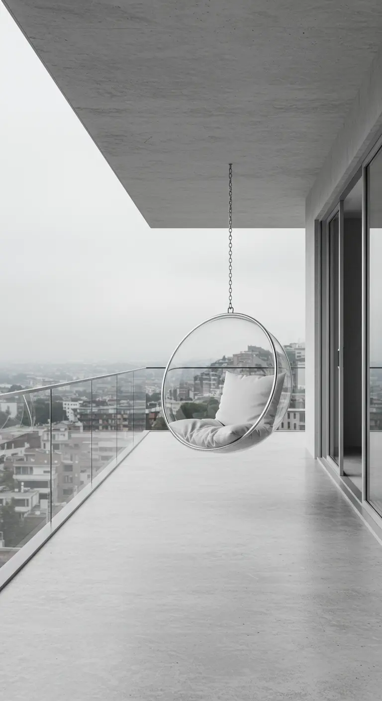 Transparante 'bubble' hangstoel op een modern balkon met stadszicht.
