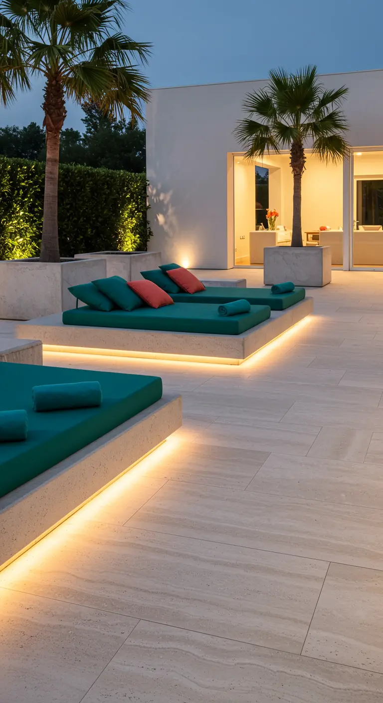 Luxe terras met zwevende betonnen loungebedden met groene matrassen en LED-verlichting eronder.