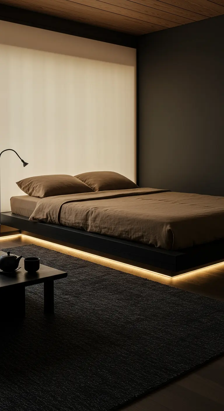 Japandi slaapkamer met laag bed en LED-verlichting eronder, donkere muren en minimalistische inrichting.