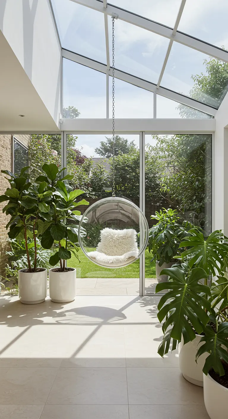 Transparante bubble chair met wit vachtje hangend in lichte serre met veel glas.
