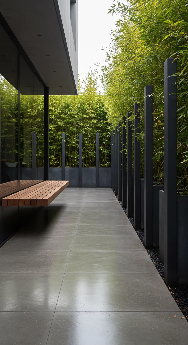 Moderne patio met een zwevend houten bankje tegen een glazen wand, en een achtergrond van bamboe.