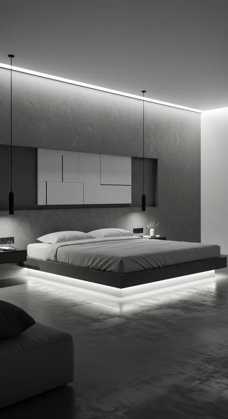 Moderne minimalistische slaapkamer met LED-stripverlichting onder bed.