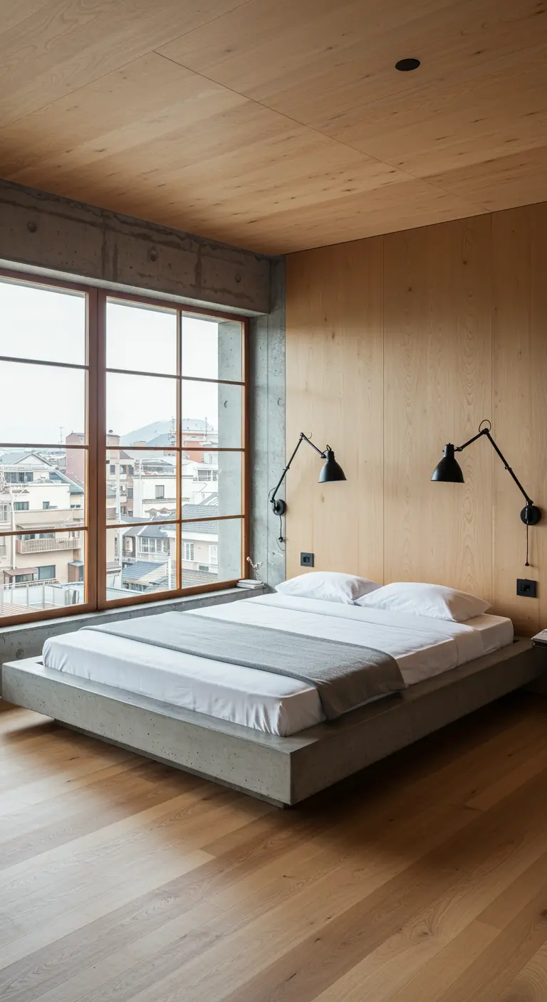 Moderne Japandi slaapkamer met zwevend betonnen bed, houten plafond en grote ramen.