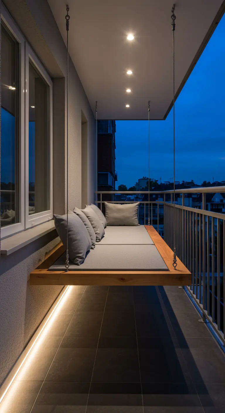Modern balkon 's avonds met een zwevend houten daybed en LED-verlichting eronder.