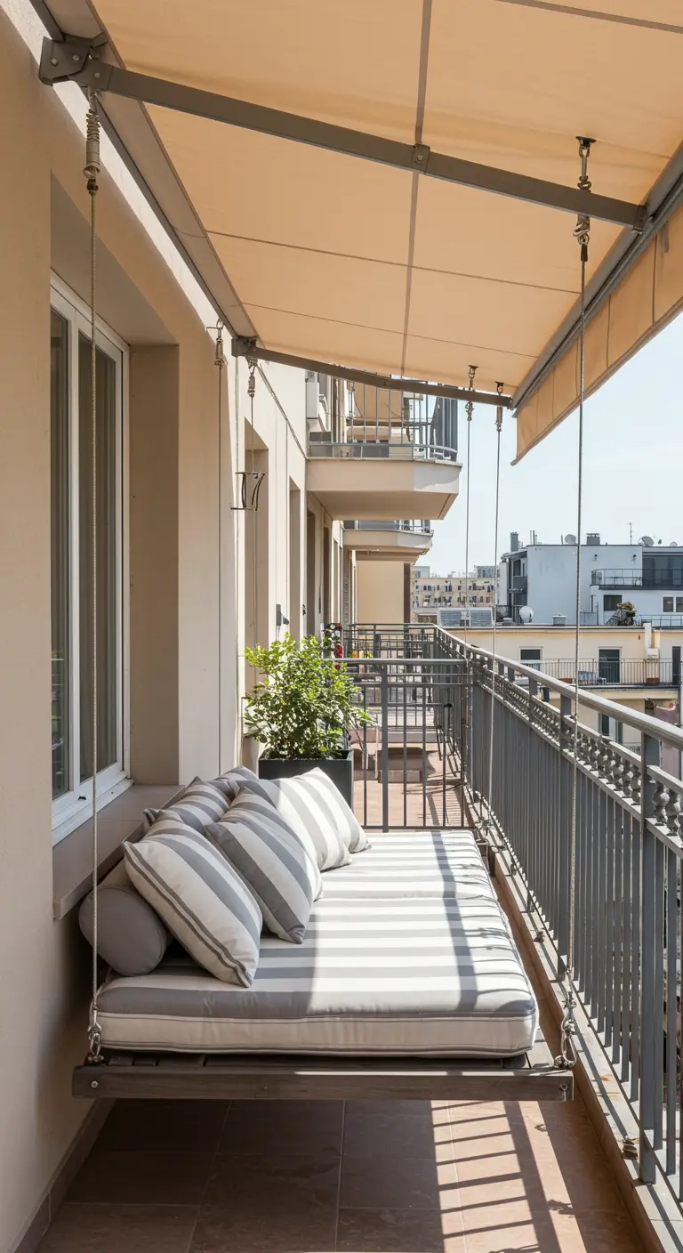Breed hangend daybed met gestreepte kussens en zonnescherm boven een smal balkon.