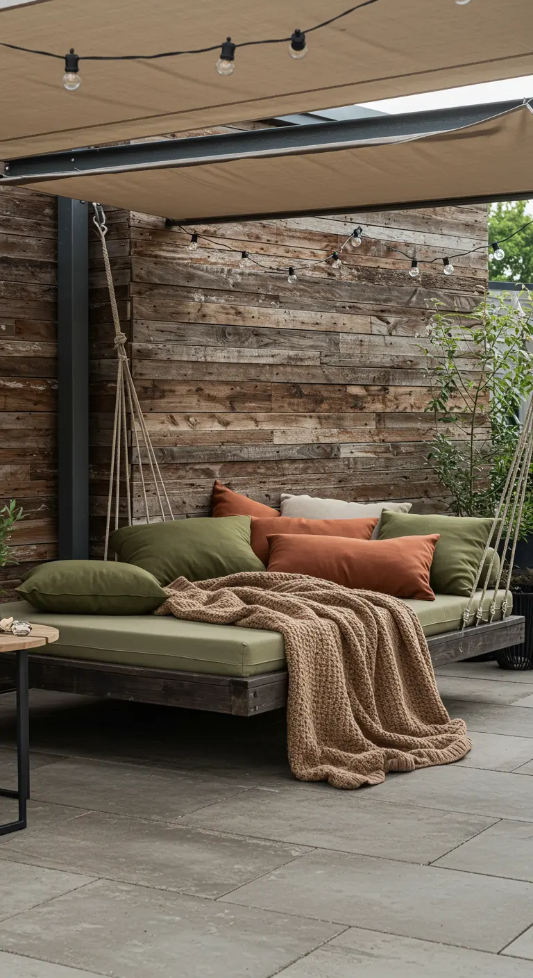 Groot hangend daybed met aardetinten kussens en houten achterwand.