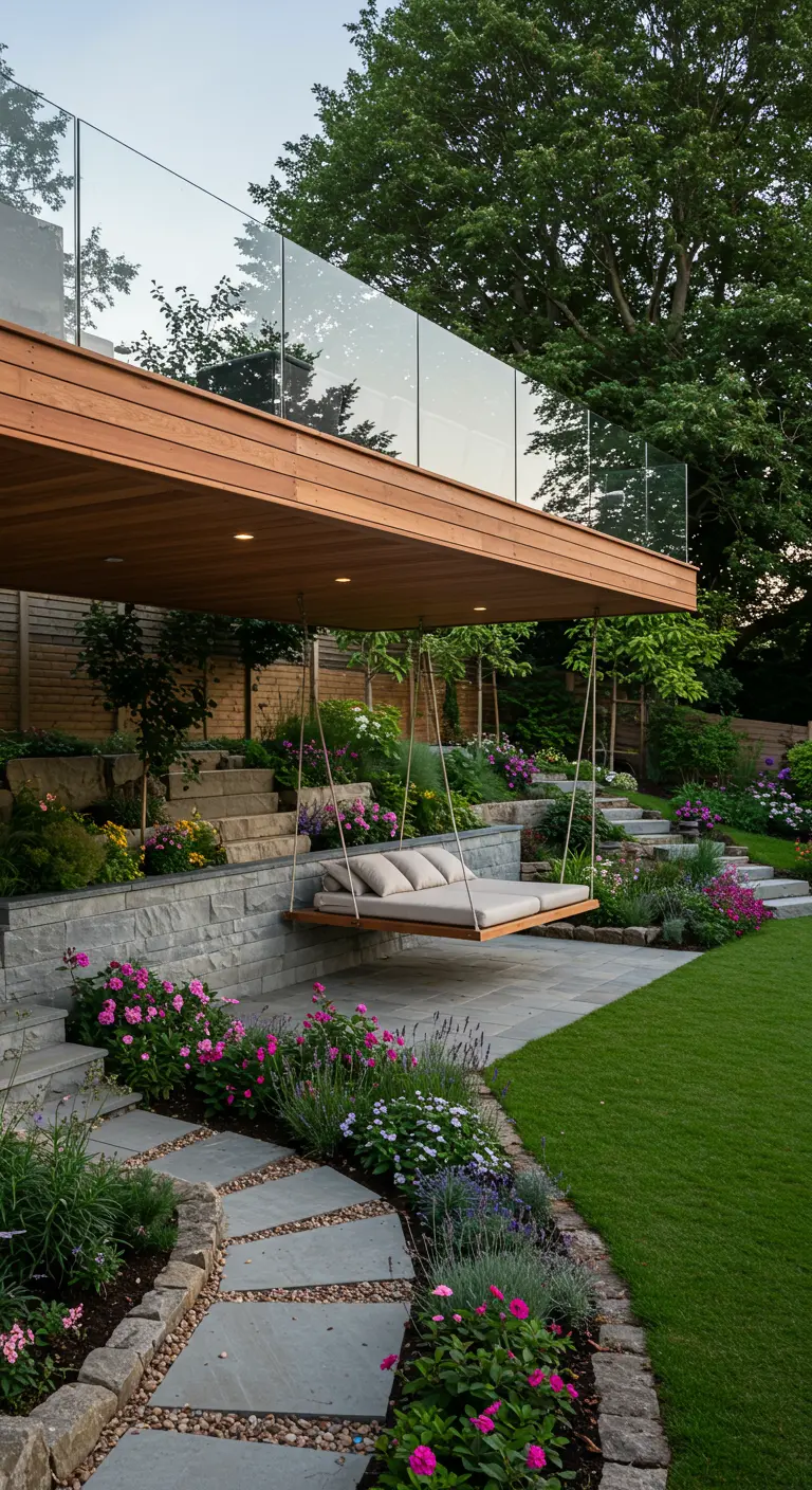 Breed zwevend daybed onder een overkapping in een moderne tuin met bloemenborders.