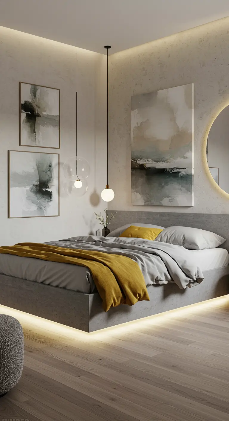 Moderne slaapkamer met betonlook bed met LED-verlichting en abstracte kunst.