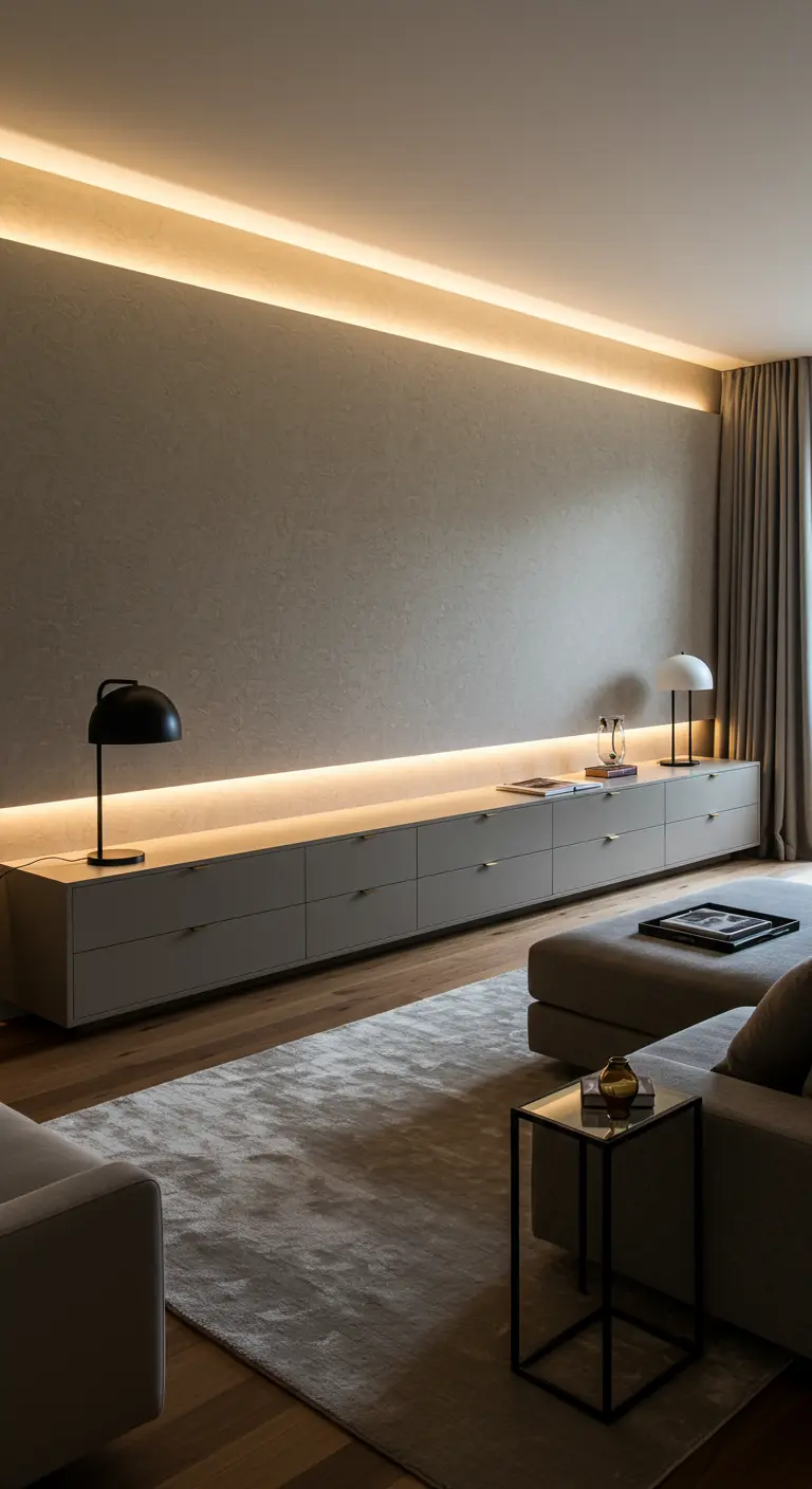 Lang laag dressoir in slaapkamer met LED-verlichting eronder en in een koof erboven.