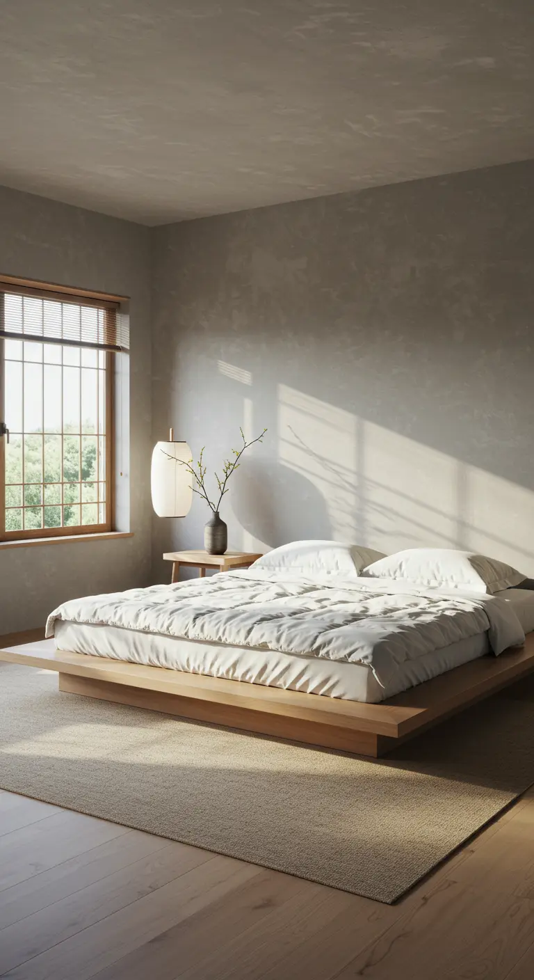 Lichte Japandi slaapkamer met laag houten bed, betonlook muur en papieren lamp.
