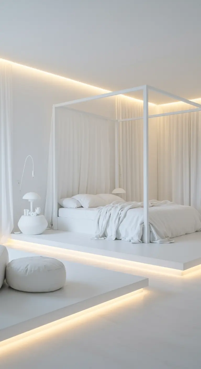 Witte slaapkamer met hemelbed en LED-verlichting onder het bed en langs het plafond.