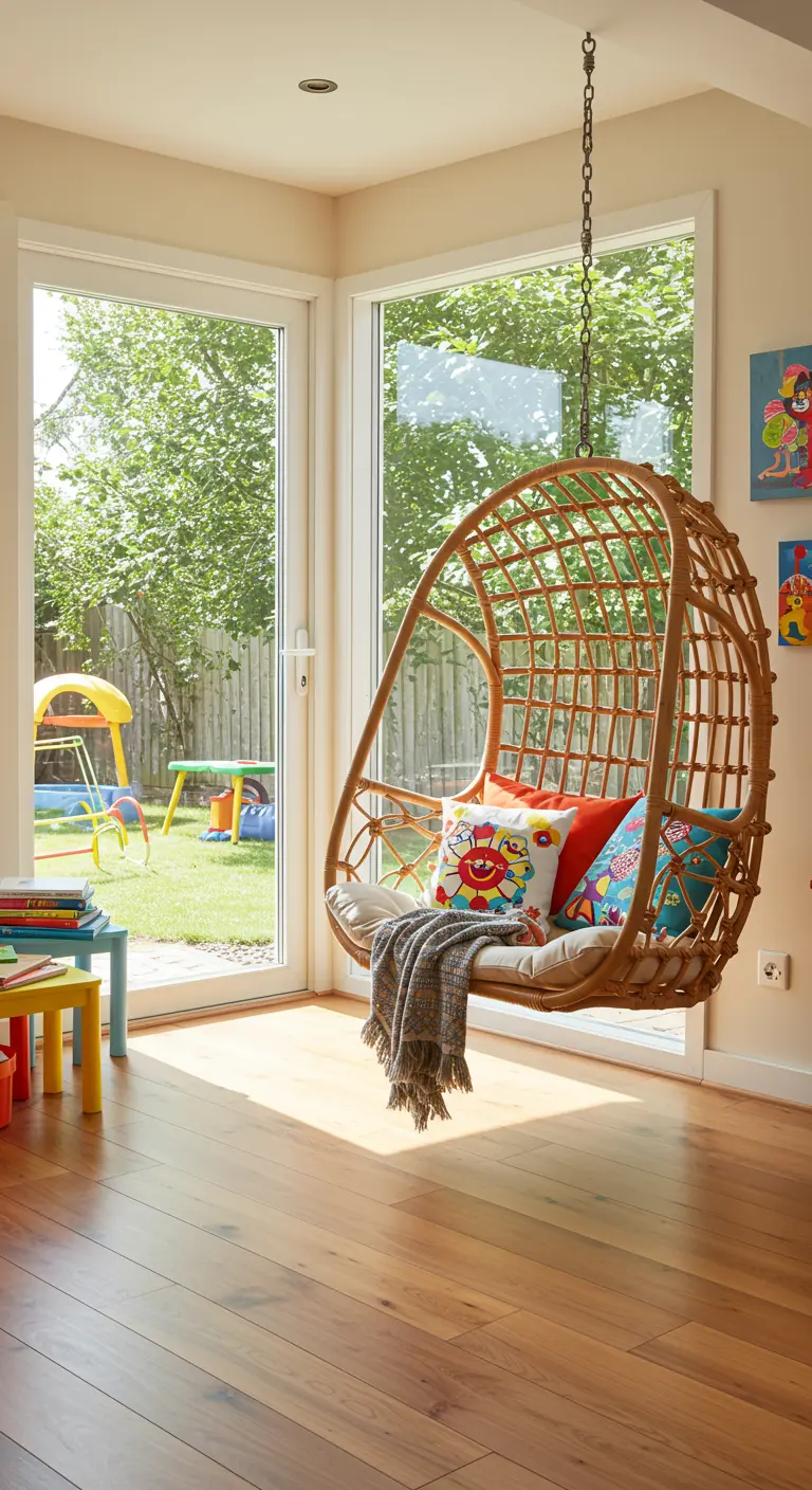 Rotan hangstoel met kleurrijke kussens bij glazen deur met uitzicht op tuin.