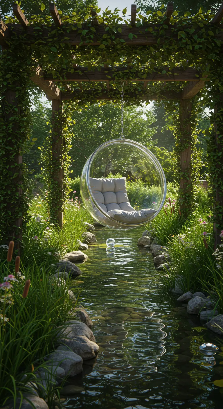 Transparante bubbelstoel met grijs kussen hangend boven een smalle waterloop in een weelderige groene tuin.