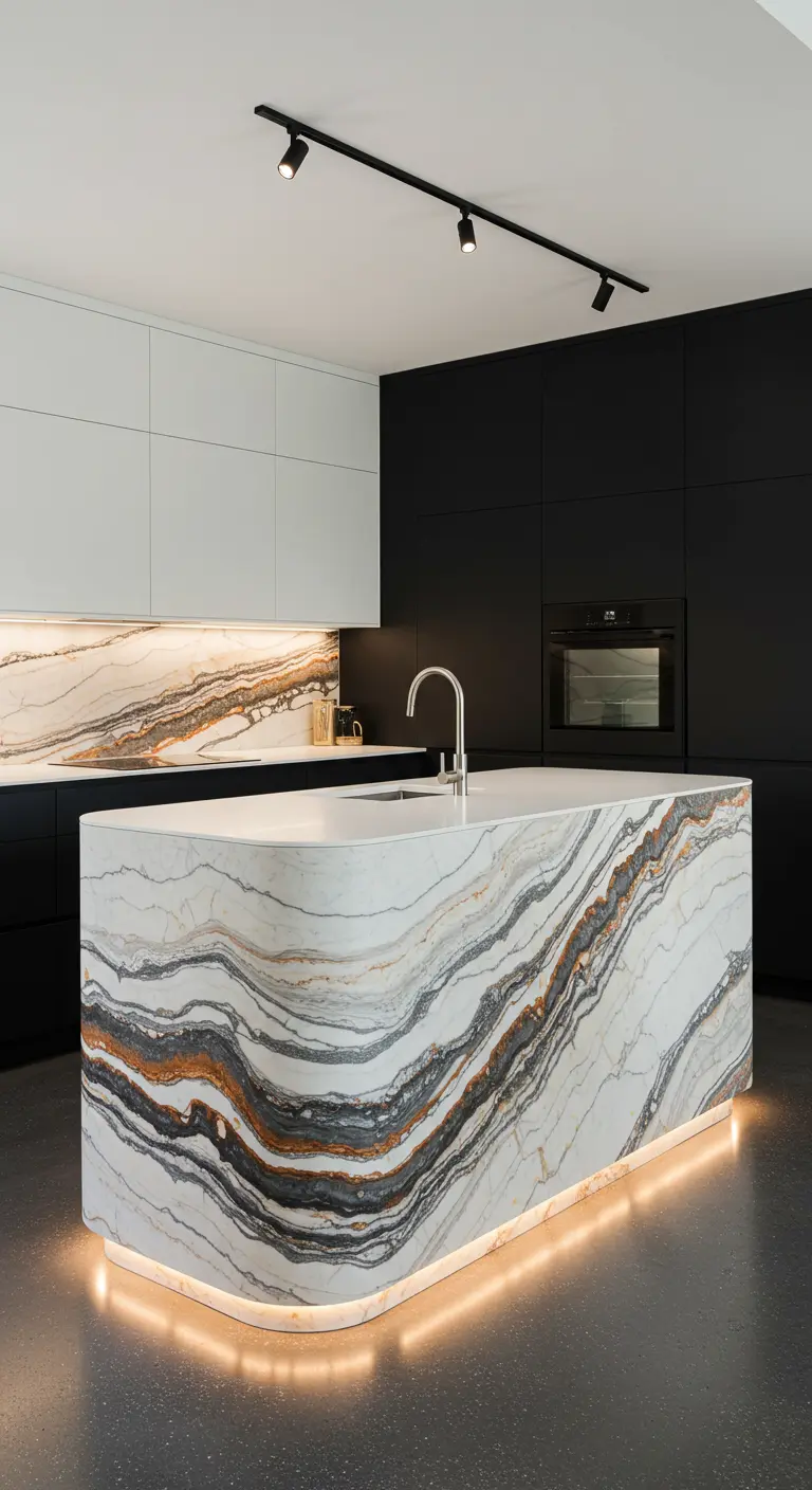 Moderne zwart-witte keuken met een golvend marmeren eiland met afgeronde hoeken en LED-verlichting eronder.