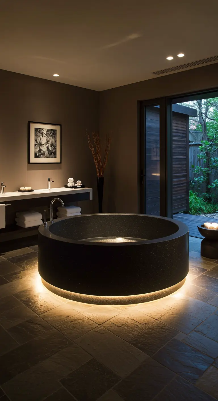 Donkere, sfeervolle badkamer met een rond, verzonken bad en indirecte LED-verlichting eronder.
