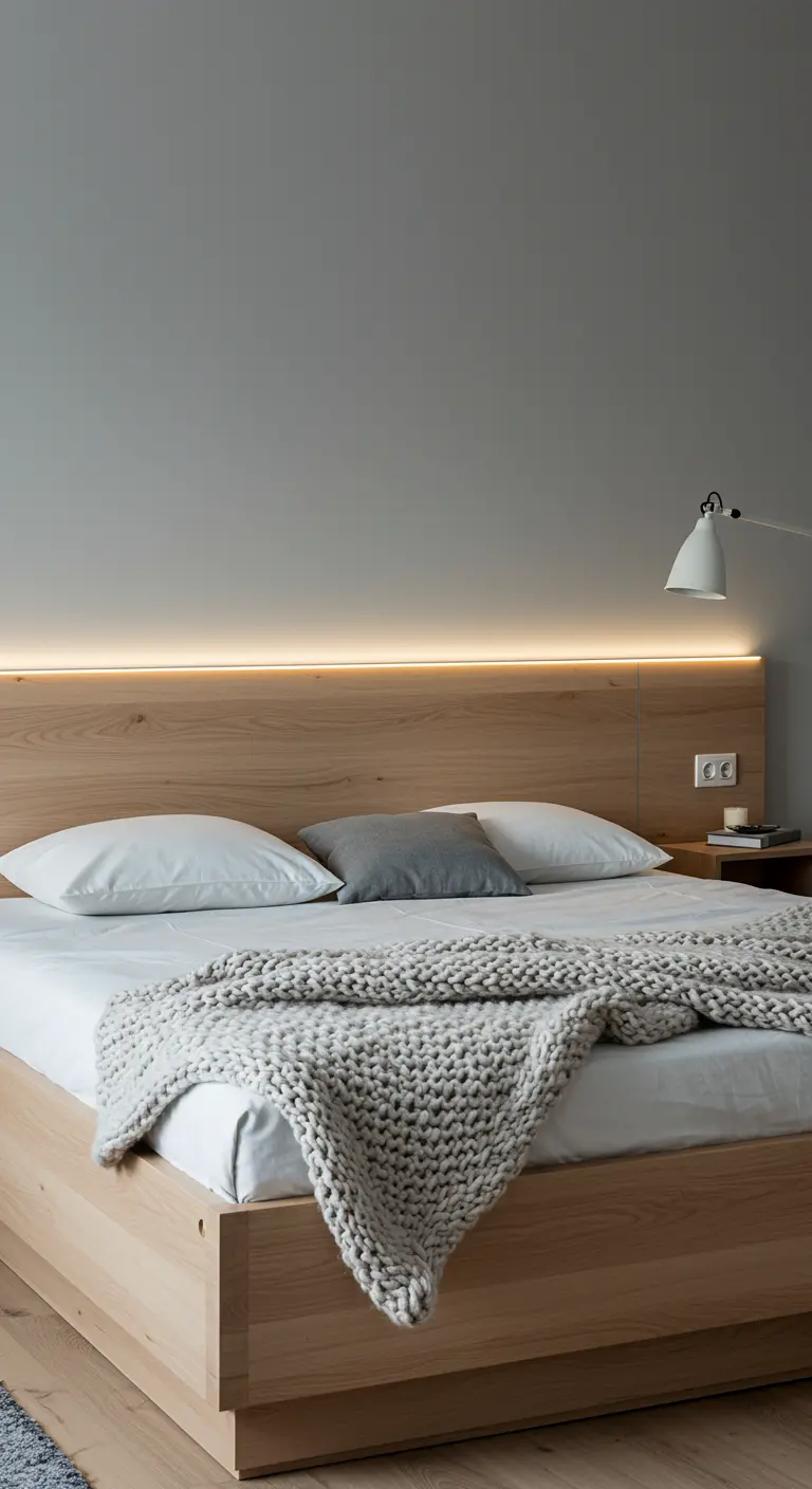 Modern houten hoofdbord met een warme LED-lichtstrip erachter, die de muur verlicht.