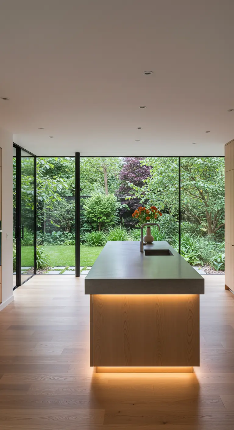 Moderne keuken met houten kookeiland met indirecte verlichting en glazen wand met uitzicht op tuin.