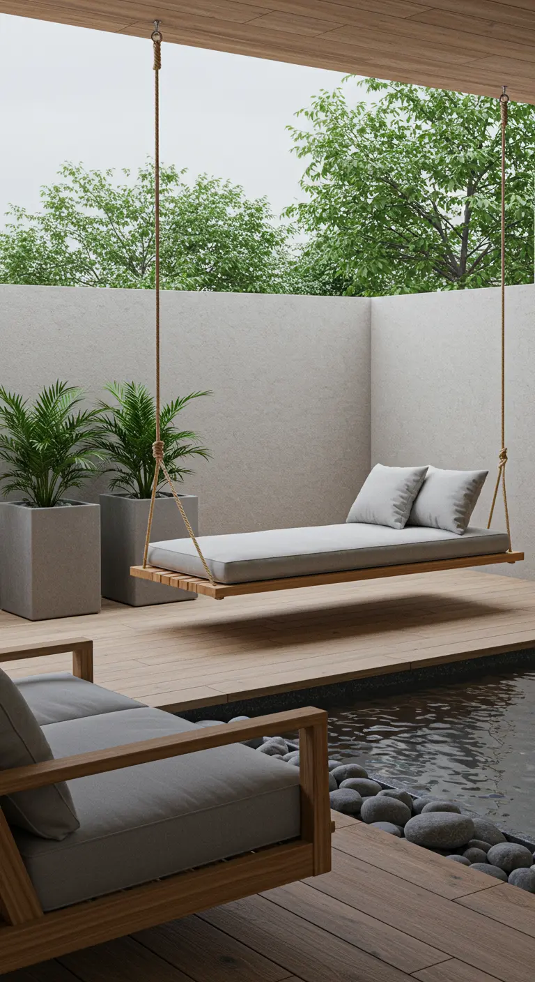 Zwevend houten dagbed met grijze kussens boven een vijver in een minimalistische tuin.