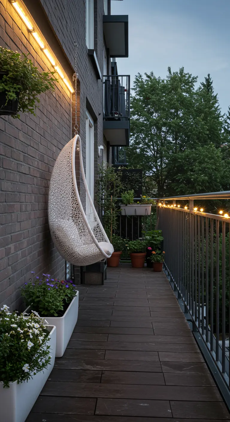 Witte hangstoel aan bakstenen muur op smal balkon met sfeerverlichting.