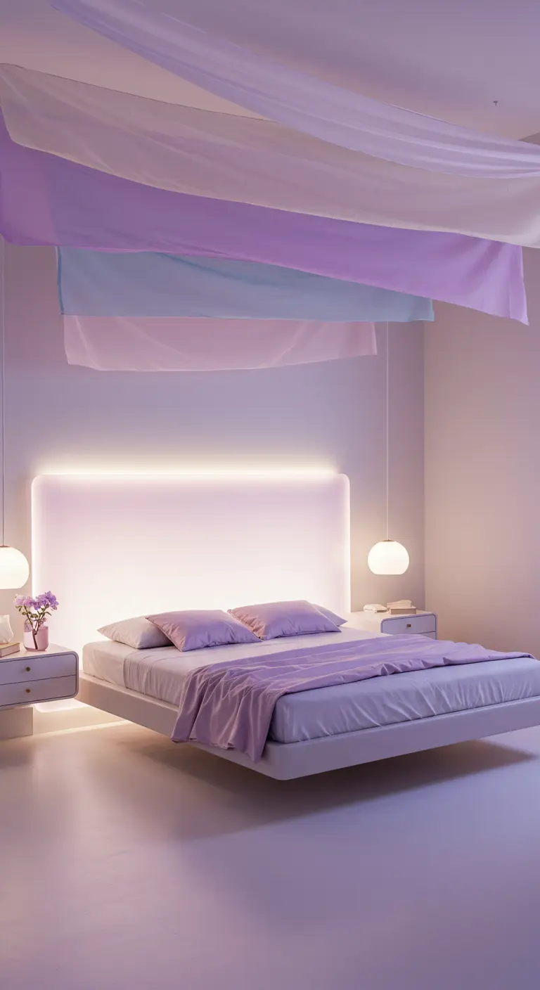 Zwevend bed met verlicht hoofdbord, pastelkleurige stoffen aan plafond, en ronde hanglampen.