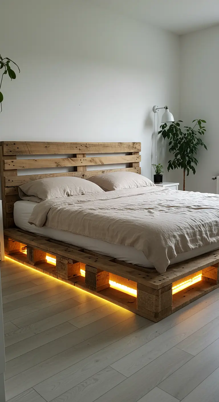 Bed gemaakt van houten pallets met sfeervolle LED-verlichting eronder in een minimalistische slaapkamer.