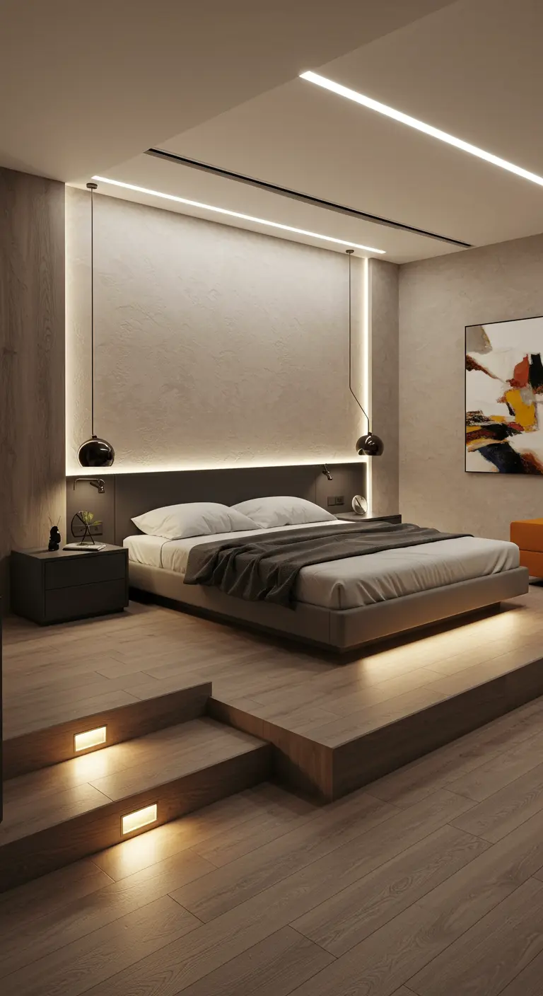 Moderne slaapkamer met bed op een verhoogd platform, verlicht met LED-strips en inbouwspots.