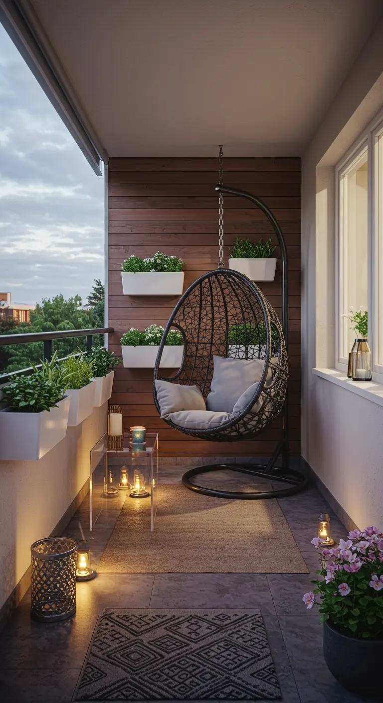 Modern balkon met rotan hangstoel, houten accentmuur, lantaarns en witte bloembakken.