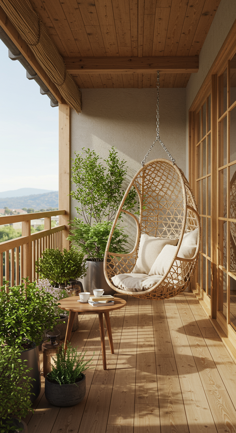 Balkon met rotan hangstoel, veel potplanten en een houten bijzettafeltje.