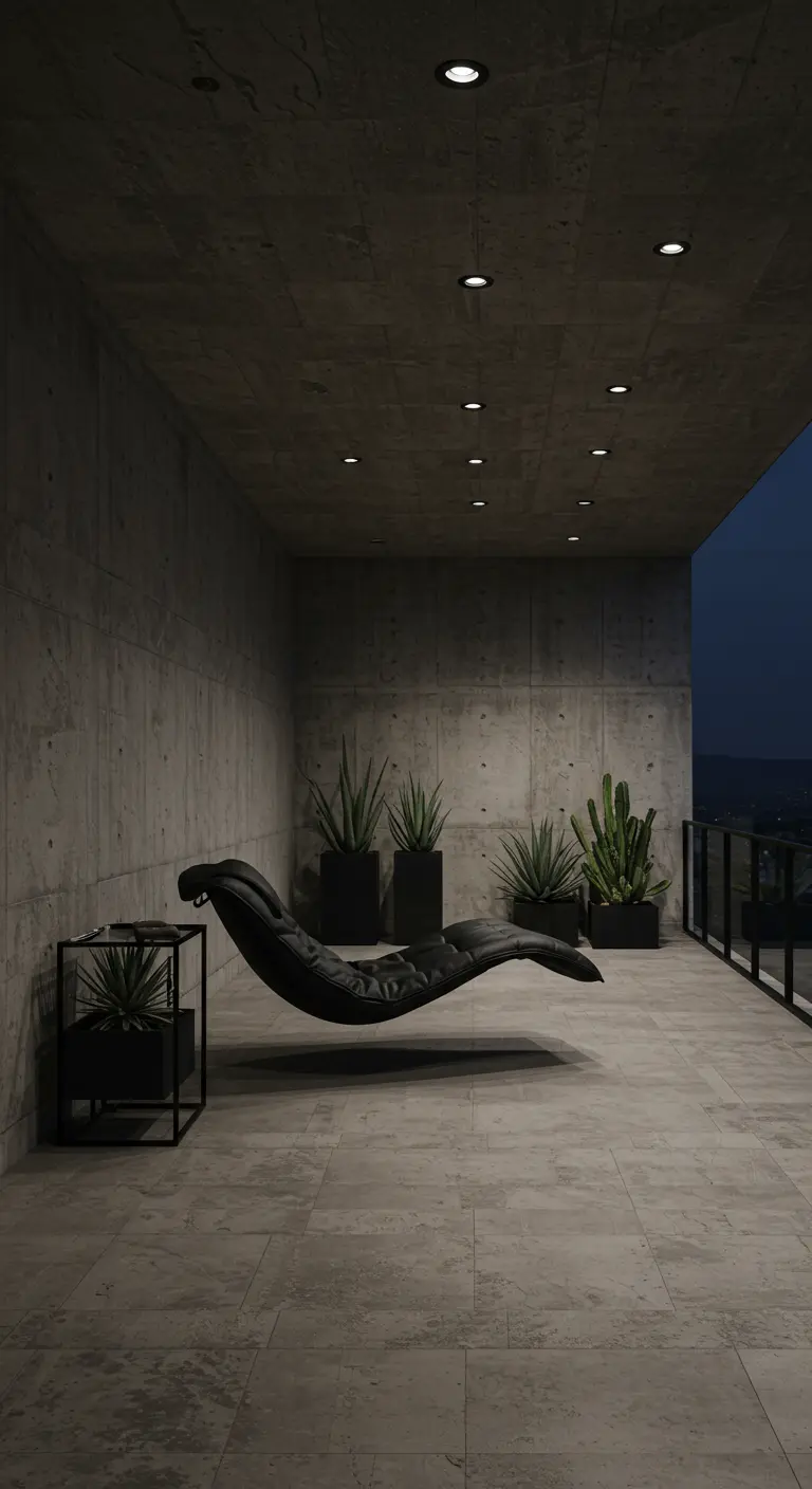 Modern, donker balkon met sculpturale zwarte lederen hangstoel en strakke plantenbakken.