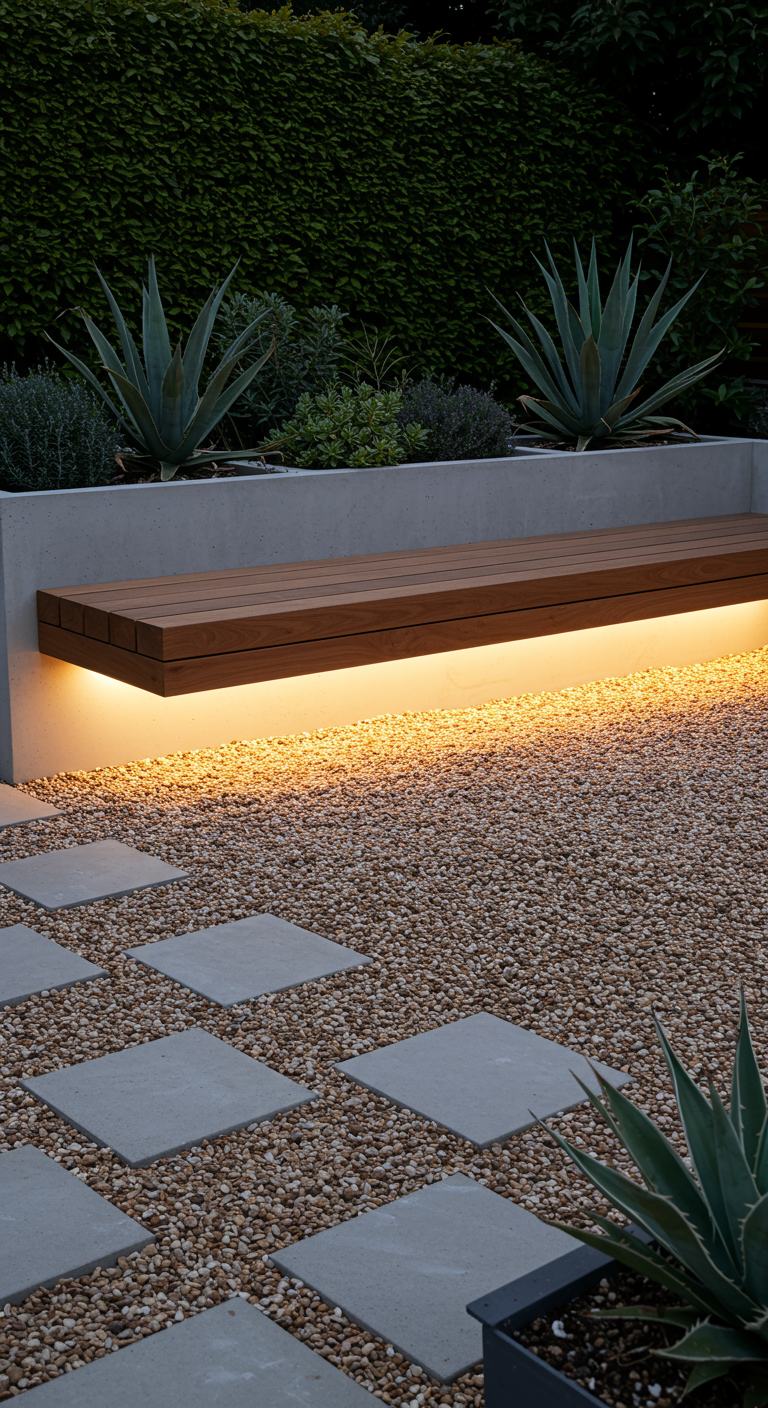 Moderne tuinbank met een LED-strip eronder, wat een zwevend effect geeft.