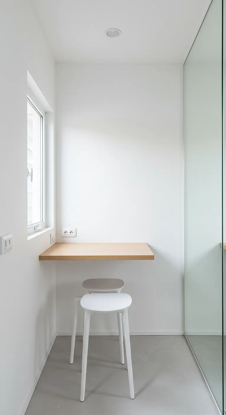 Minimalistische witte eethoek met zwevende houten plank, twee witte krukken en spiegelwand.