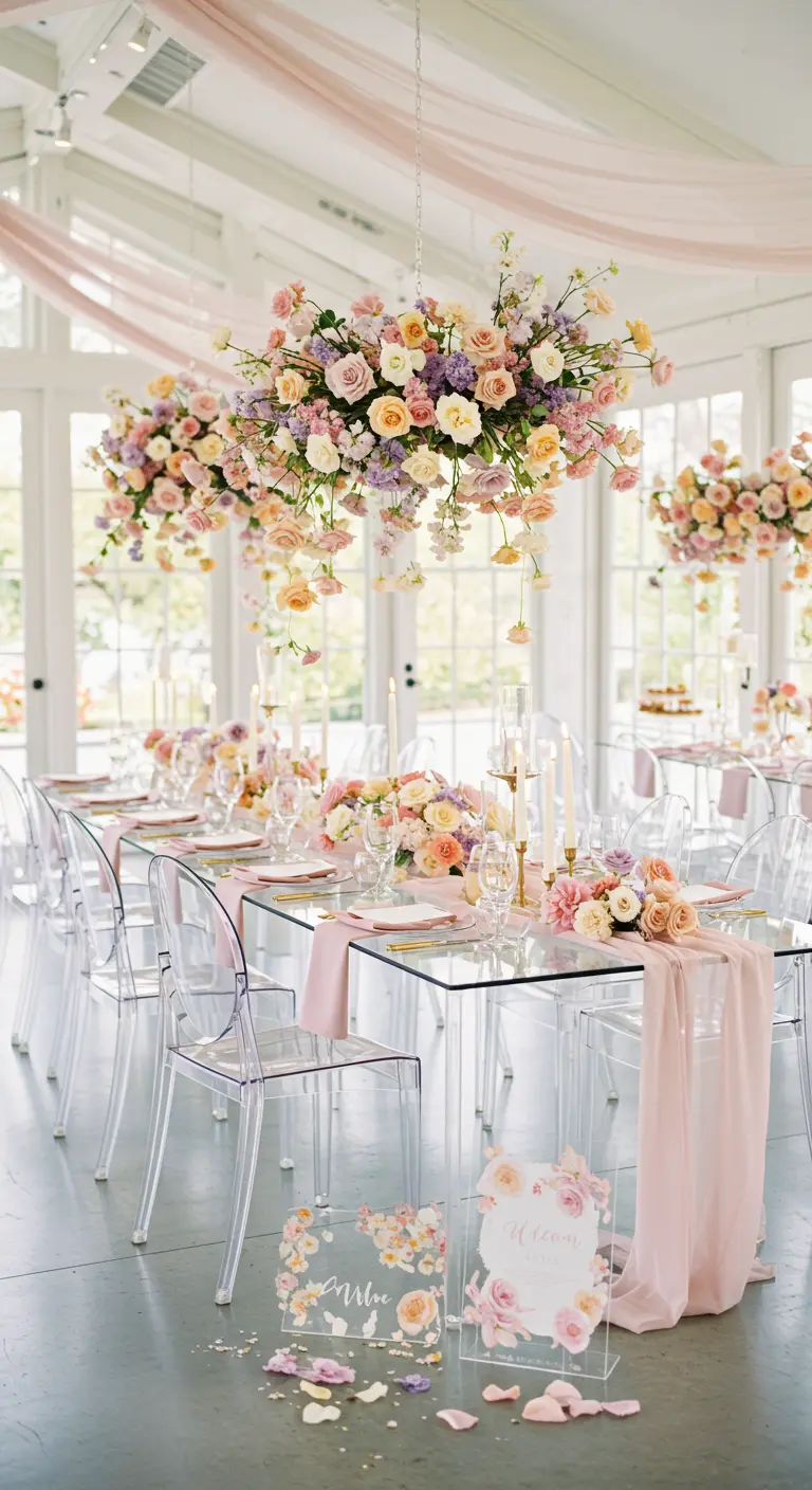 Eettafel met glazen blad, plexiglas stoelen en grote hangende bloemstukken in pasteltinten.