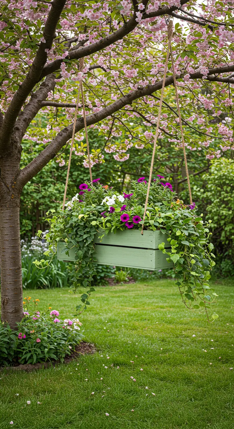 Houten bloembak gevuld met bloeiende planten, hangend als schommel aan een boom.