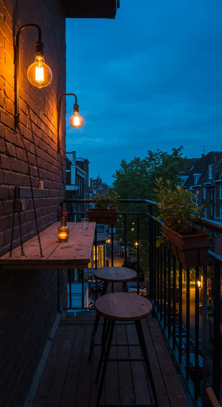 Hangend houten balkontafeltje aan bakstenen muur met industriële lamp.