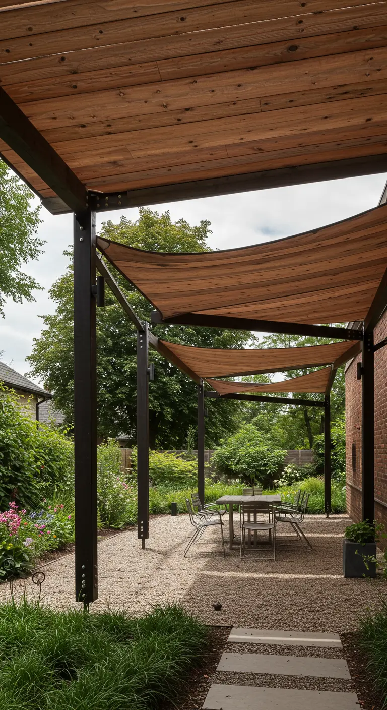 Houten pergola met zwarte staanders en golvende beige schaduwdoeken erboven, eethoek op grind.