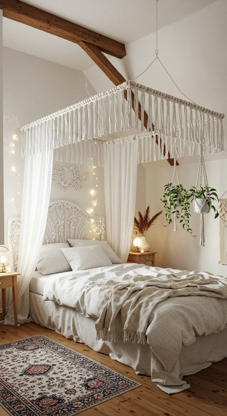 Bohemian hemelbed met macramé en lichte gordijnen, hangplant ernaast.