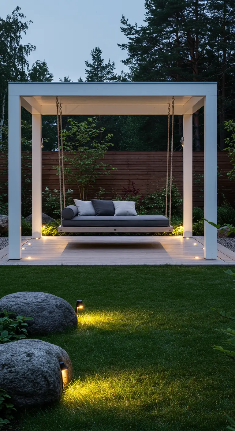 Houten hangend dagbed met grijze kussens onder een wit frame in een moderne tuin met sfeerverlichting.