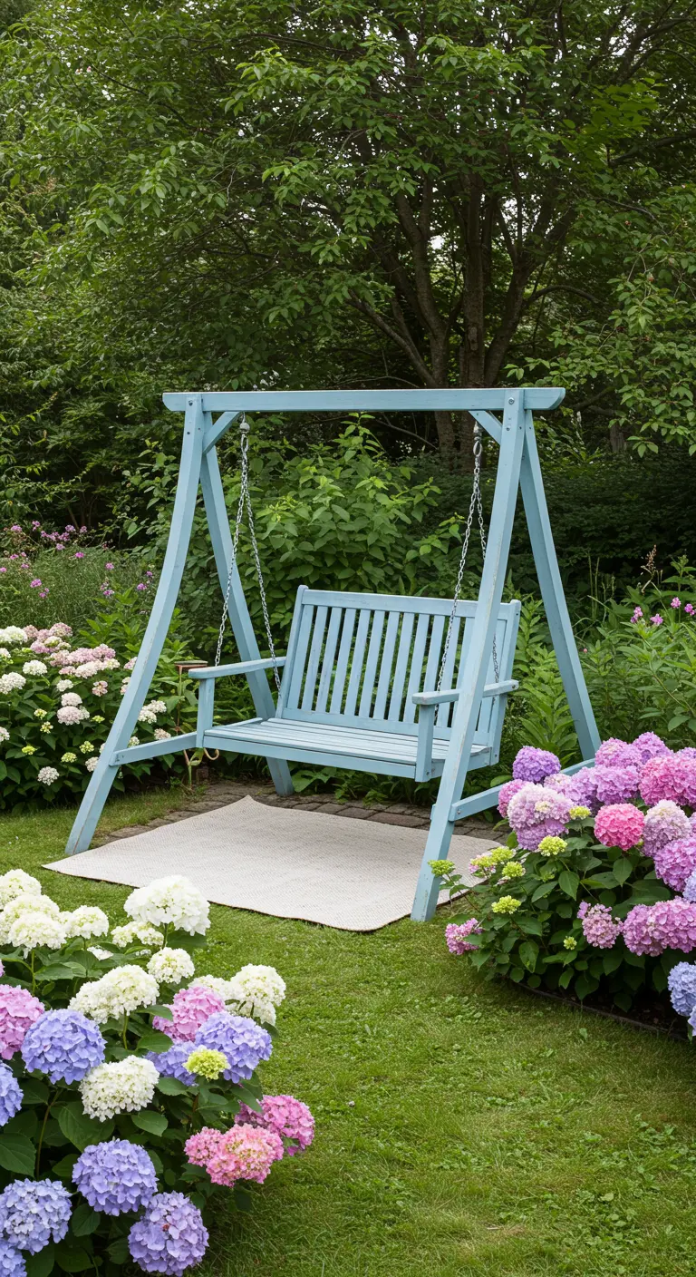 Lichtblauwe schommelbank omringd door roze en paarse hortensia's.