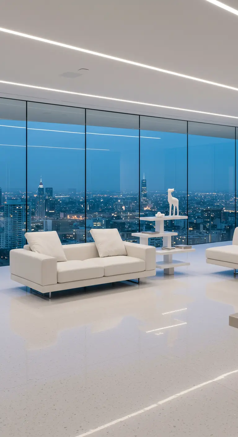 Witte, gelaagde bijzettafels met organische vormen in een modern, licht appartement.