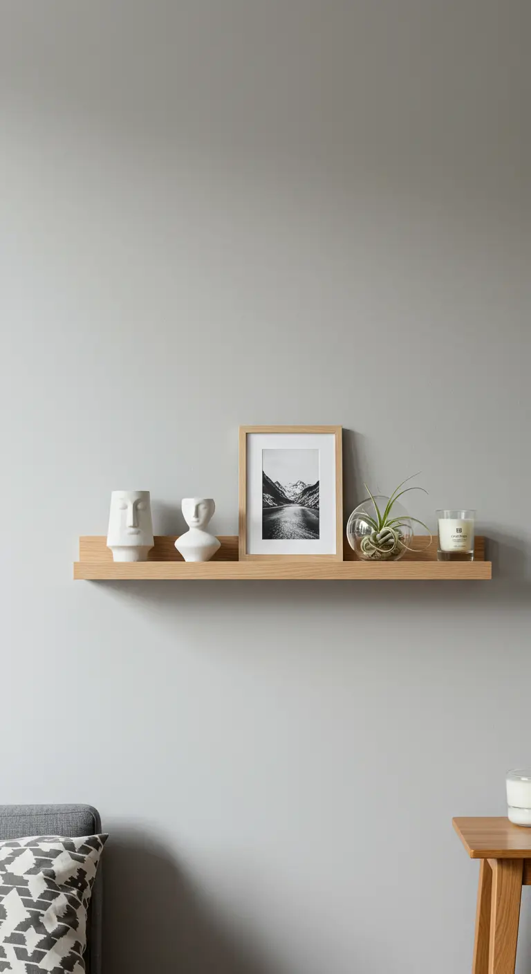 Zwevende houten wandplank met minimalistische decoratie: sculpturen, fotolijst, plantje.
