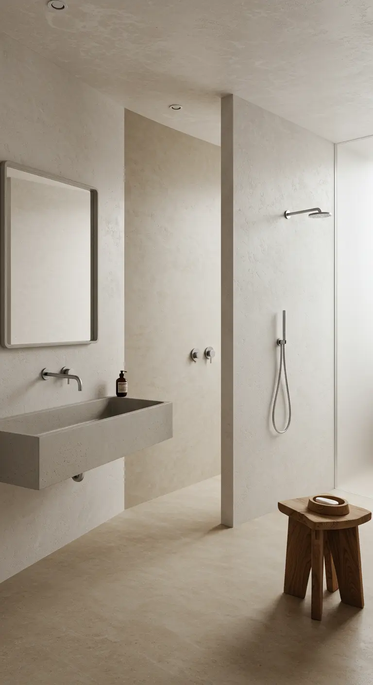 Minimalistische badkamer met zwevende betonnen wasbak en houten krukje.