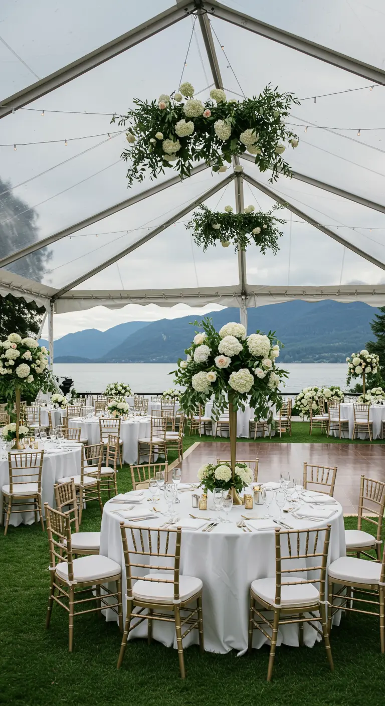 Elegante bruiloftsreceptie in transparante tent met hangende witte bloemstukken.